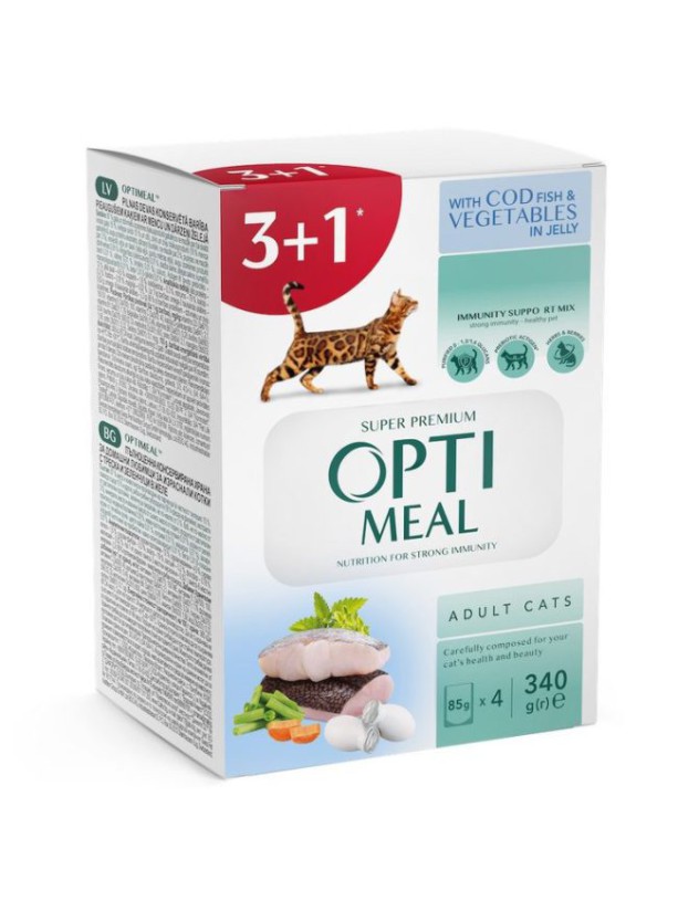 Optimeal Cod Fish Vegetablе in jelly вологий корм для котів з тріскою у желе 85 г набір (3+1) 340 г