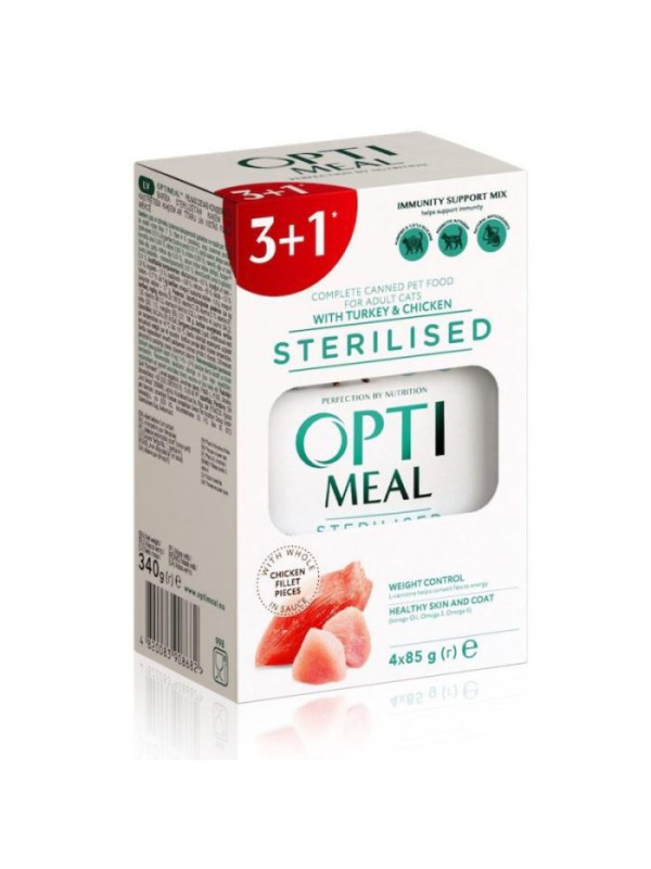Optimeal Cats Sterilised Turkey влажный корм для стерилизованных кошек с индейкой 85 г набор (3+1) 340 г