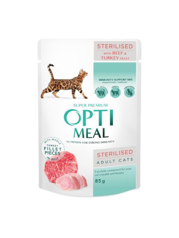 Optimeal Sterilised Beef Turkey 12х85 г влажный корм с говядиной в желе для стерилизованных кошек