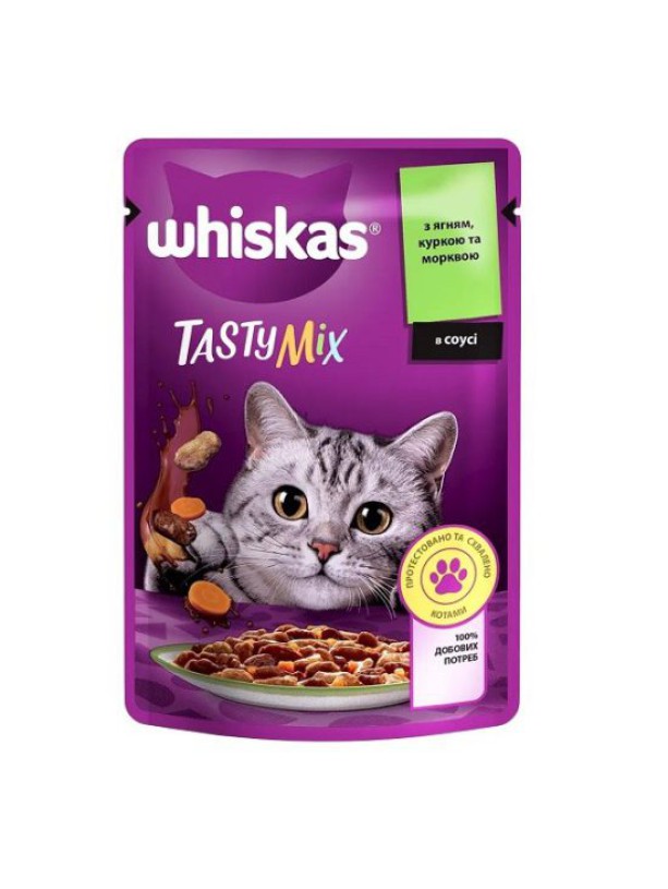 Влажный корм Whiskas Tasty Mix для кошек с ягненком, курицей и морковкой в соусе 28*85 г