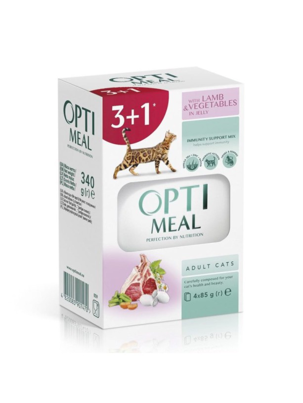 Optimeal Cats Lamb Vegetables in jelly для кошек с ягненком и овощами 85 г набор (3+1) 340 г