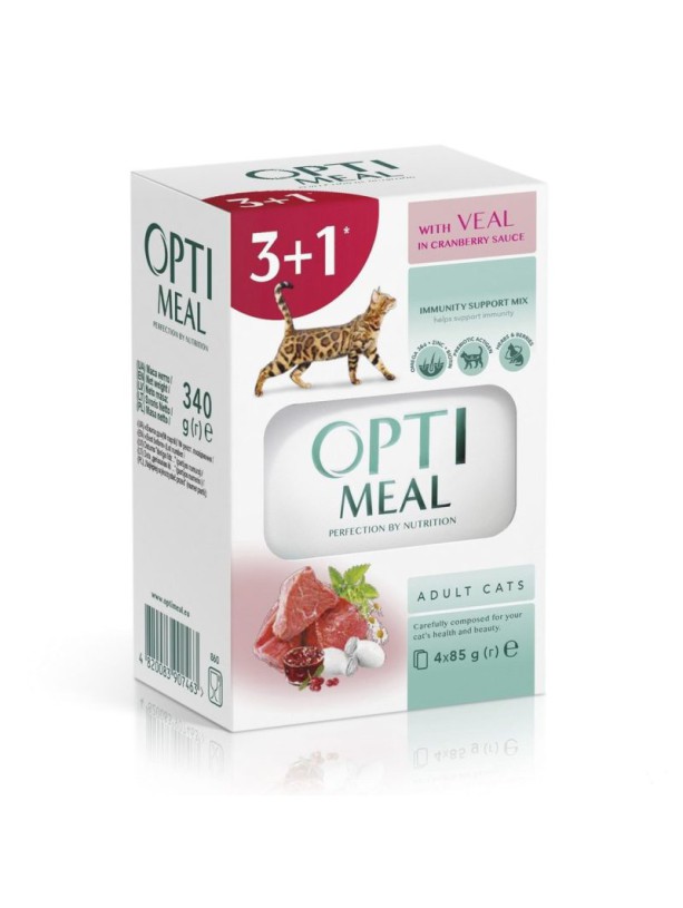 Optimeal Cats Veal in Cranberry sauce влажный корм для кошек с телятиной в клюквенном соусе 85 г набор (3+1) 340 г