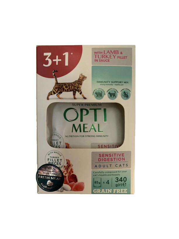 Optimeal Sensitive Digestion Lamb & Turkey для кошек с ягненком набор (3+1) 340 г