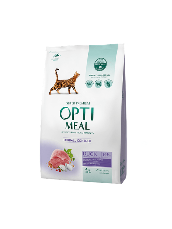 Optimeal Duck Hairball Control для выведения комков шерсти для кошек с уткой 4 кг