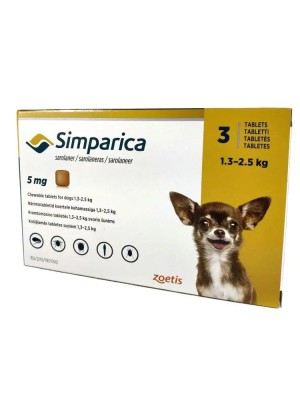Симпарика от блох и клещей для собак 5 мг от 1,3 до 2,5 кг (1таб)