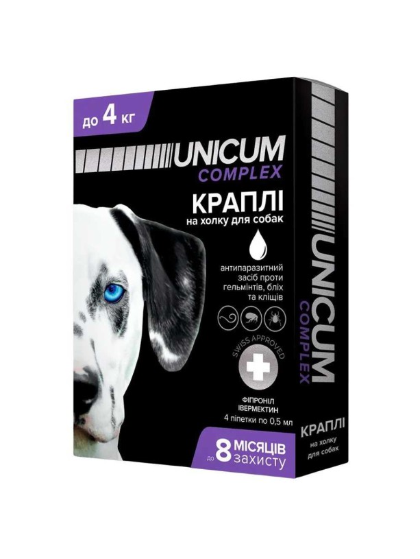 Капли Unicum Complex Рremium от гельминтов, блох и клещей для собак 0-4 кг (1пип)