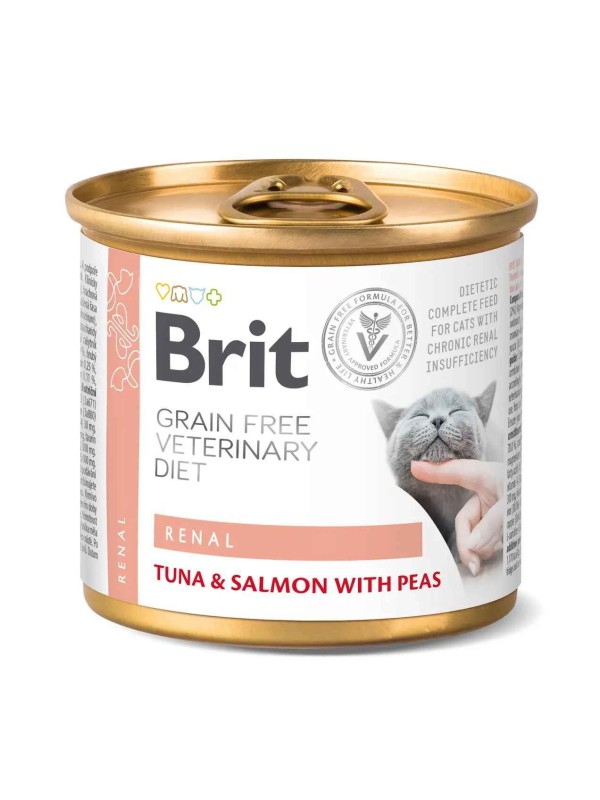 Brit Veterinary Diet Renal Cat Cans для кошек при почечной недостаточностью с тунцем, лососем и горохом 200 г