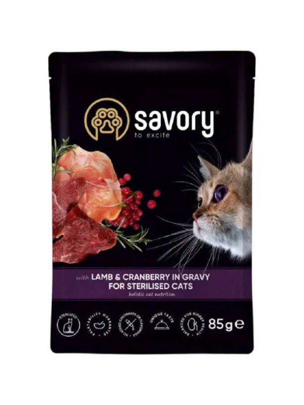 Влажный корм Savory Sterilised Lamb для стерилизованных кошек, ягненок с клюквой в соусе 85 г