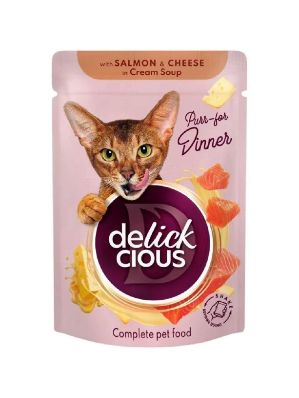 Delickcious (Делишес) Salmon Cheese 85 г влажный корм для кошек лосось сыр полоски крем-суп