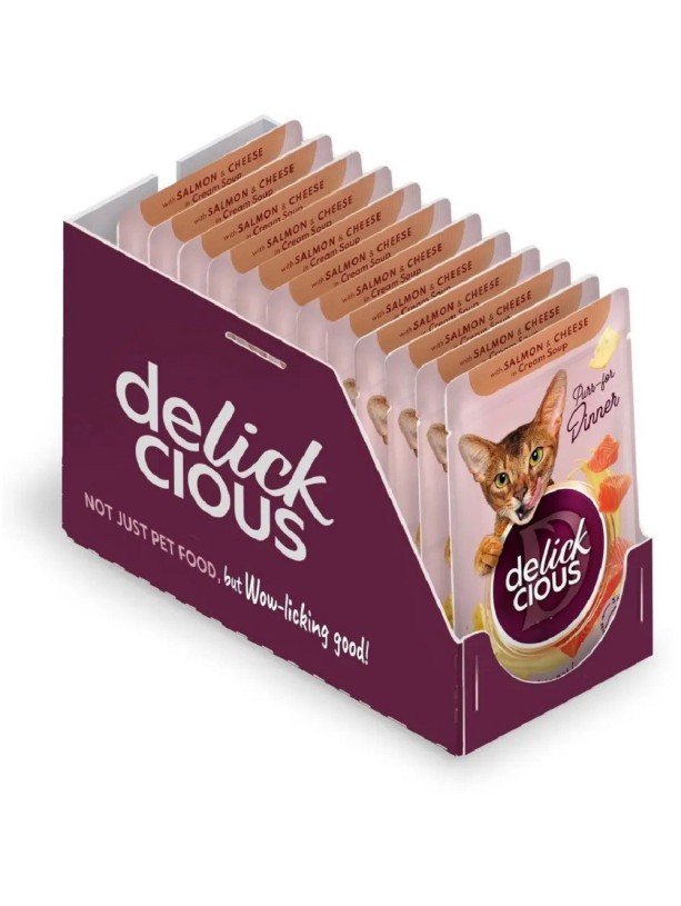 Delickcious (Делишес) Salmon Cheese 85 г влажный корм для кошек лосось сыр полоски крем-суп