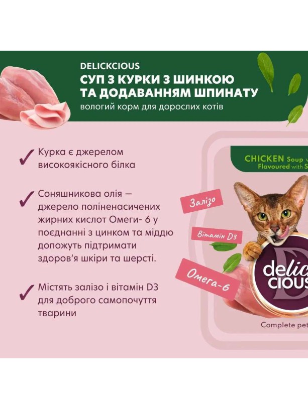 Delickcious (Делішес) Soup Chicken Ham 80 г вологий корм для котів суп з куркою та шинкою