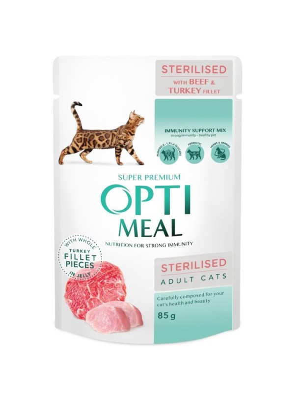 Optimeal Cats Sterilised Beef Turkey 85 г влажный корм с говядиной в желе для стерилизованных кошек