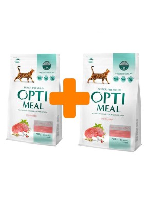 Акция Optimeal Sterilised Beef Sorghum для стерилизованных кошек с говядиной 700г+700г