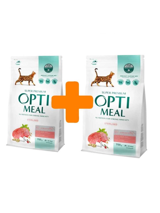 Акция Optimeal Sterilised Beef Sorghum для стерилизованных кошек с говядиной 700г+700г