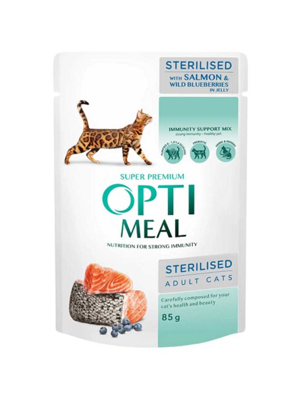 Optimeal Sterilised Salmon 12х85 г влажный корм для стерилизованных кошек с лососем и черникой в ​​желе
