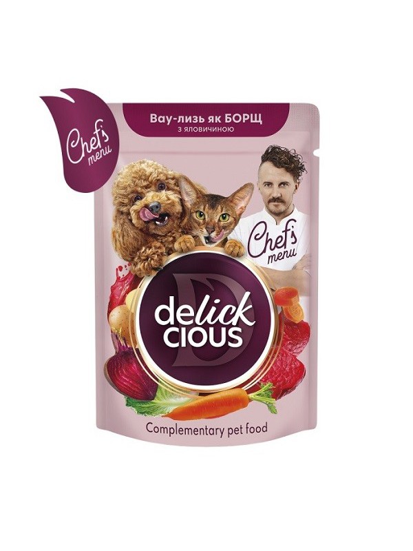 Delickcious (Делішес) 85 г вологий корм зі смаком борщу з яловичиною для котів і собак