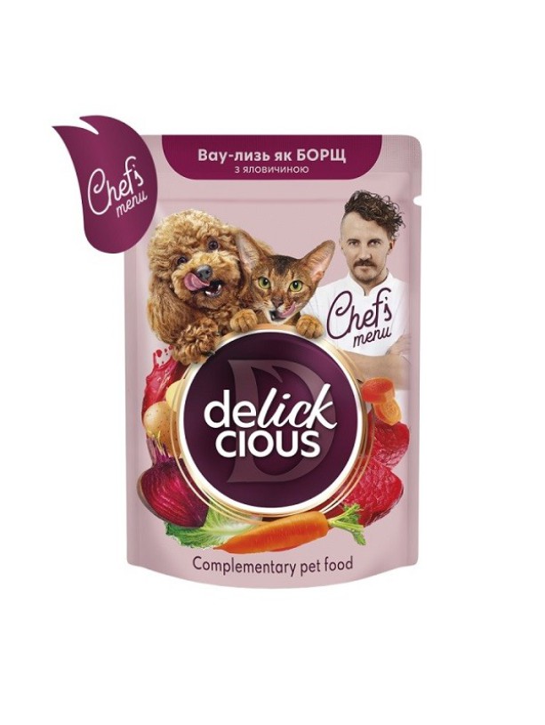 Delickcious (Делішес) 85 г вологий корм зі смаком борщу з яловичиною для котів і собак
