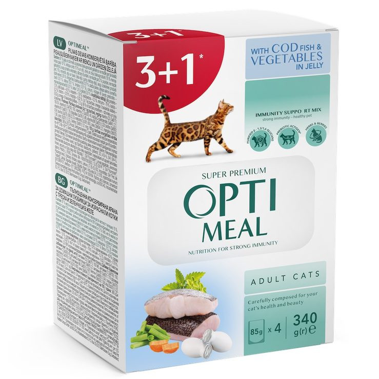 Adult Cats Cod Fish & Vegetable Влажный корм для взрослых кошек с треской и овощами в желе" (3+1)