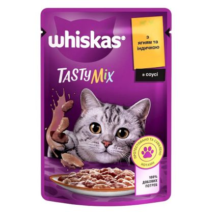 whiskas tasty mix пауч для кошек с ягненком и индейкой в соусе 28*85 г