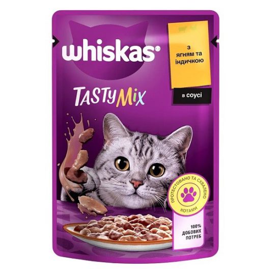 whiskas tasty mix пауч для кошек с ягненком и индейкой в соусе 28*85 г