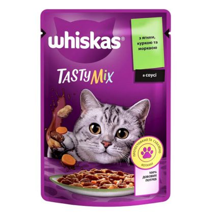 whiskas tasty mix пауч для кошек с ягненком, курицей и морковкой в соусе 28*85 г