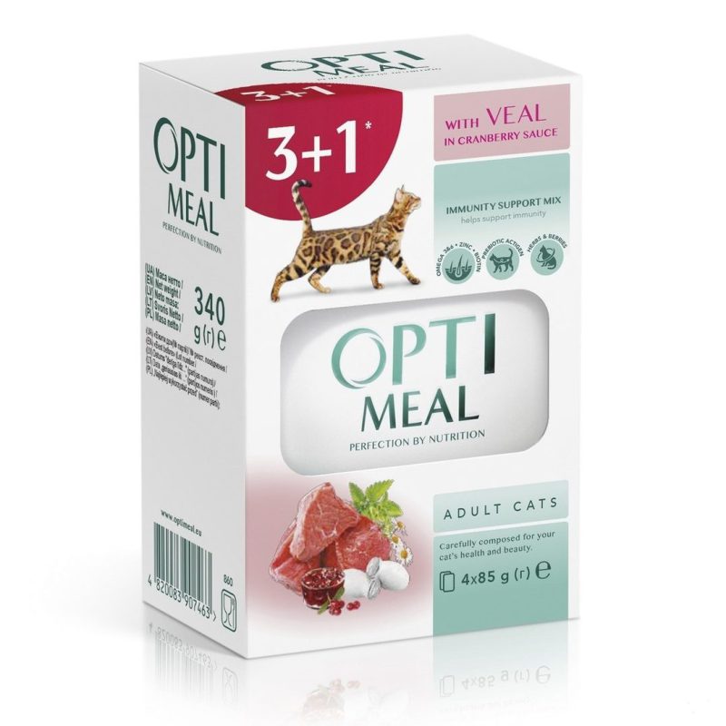 optimeal veal in cranberry для кошек с телятиной в клюквенном соусе набор (3+1) 340 г