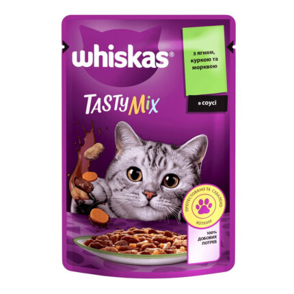 whiskas tasty mix пауч для кошек с ягненком, курицей и морковкой в соусе 28*85 г