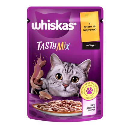 whiskas tasty mix пауч для кошек с ягненком и индейкой в соусе 28*85 г