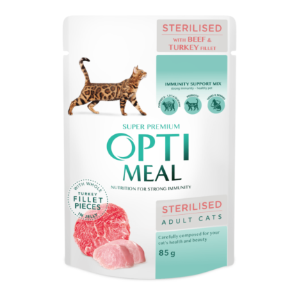 optimeal sterilised beef & turkey с говядиной в желе для стерилизованных кошек 12х85 г