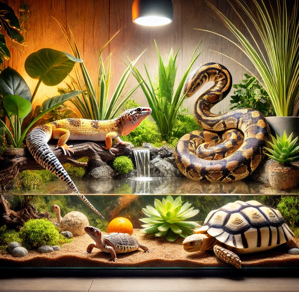 dall·e 2024 12 14 19.13.38 a well maintained terrarium with exotic reptiles, including a vibrant gecko, a coiled python, and a small tortoise. the terrarium features realistic p