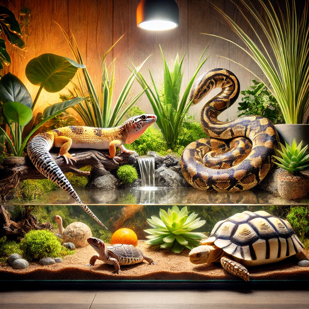 dall·e 2024 12 14 19.13.38 a well maintained terrarium with exotic reptiles, including a vibrant gecko, a coiled python, and a small tortoise. the terrarium features realistic p