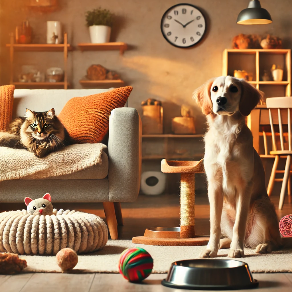 dall·e 2024 12 14 19.17.29 a cozy home setting with a cat lounging on a soft couch and a dog sitting attentively on the floor nearby. the environment includes pet care items lik