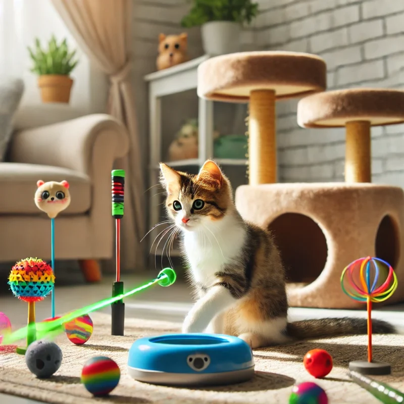 dall·e 2024 12 14 19.26.44 a playful indoor scene with a cat interacting with a laser pointer and colorful interactive toys. the room is cozy with a cat tree and other pet frien