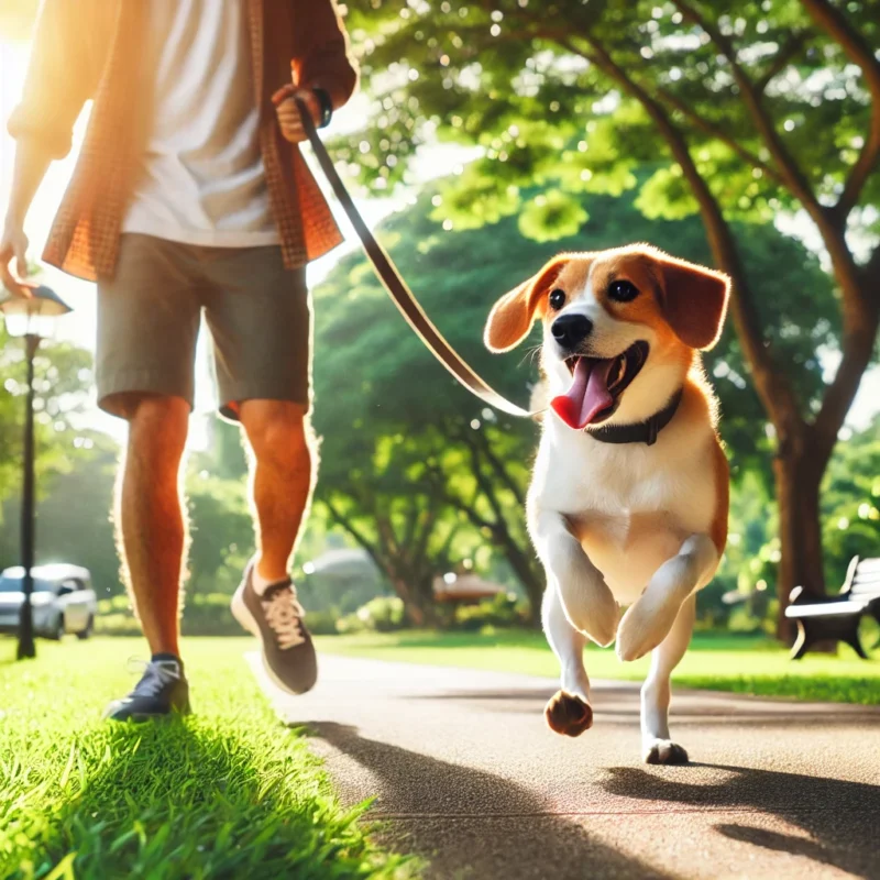 dall·e 2024 12 14 19.26.52 a lively outdoor scene with a dog running during a walk in the park, accompanied by its owner. the dog is playful and energetic, showcasing the import