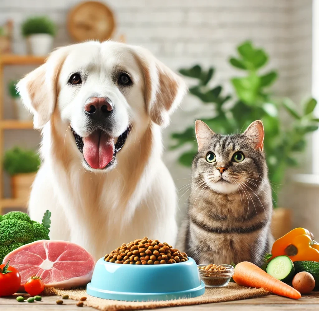 dall·e 2024 12 14 19.40.19 a bright and friendly scene showing pet food bowls with healthy and fresh ingredients like meat, vegetables, and grains displayed alongside a happy do