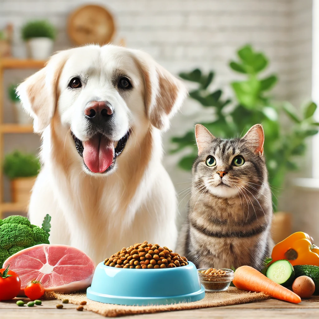 dall·e 2024 12 14 19.40.19 a bright and friendly scene showing pet food bowls with healthy and fresh ingredients like meat, vegetables, and grains displayed alongside a happy do