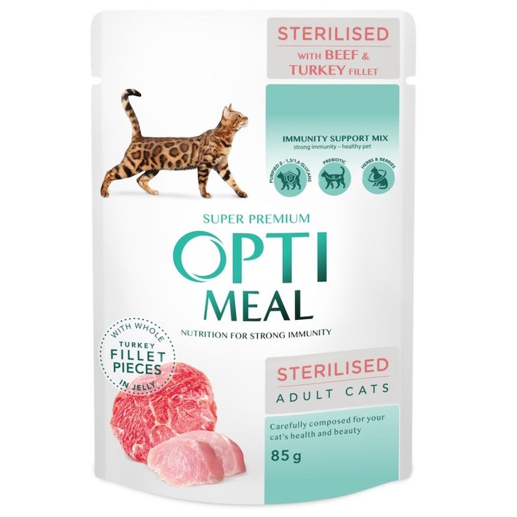 Optimeal Cats Sterilised Beef Turkey 85 г влажный корм с говядиной в желе для стерилизованных кошек